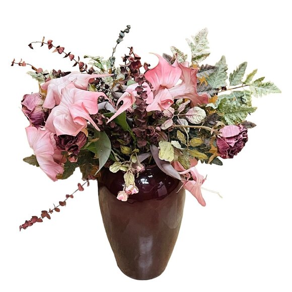 Large Decorative Vase With Artificial Floral Arrangement Pink & Green Silk Flowe - Picture 4 of 7